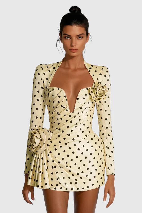 Lenora | Women's Long Sleeve Dot Flower Ruch Mini Dress
