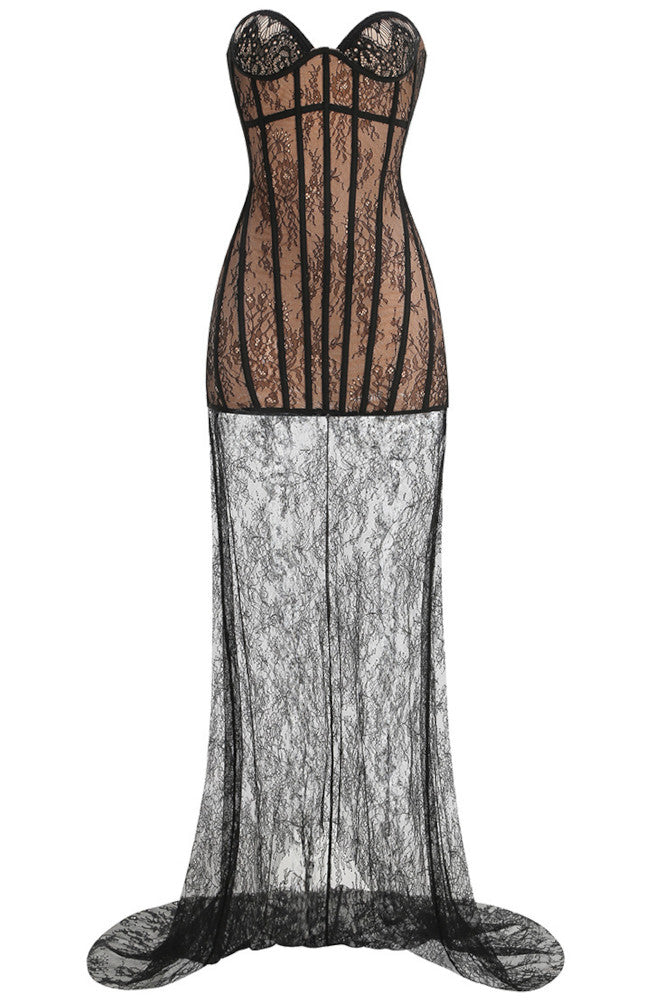 Sérénité | Robe longue bustier en dentelle sans bretelles pour femme