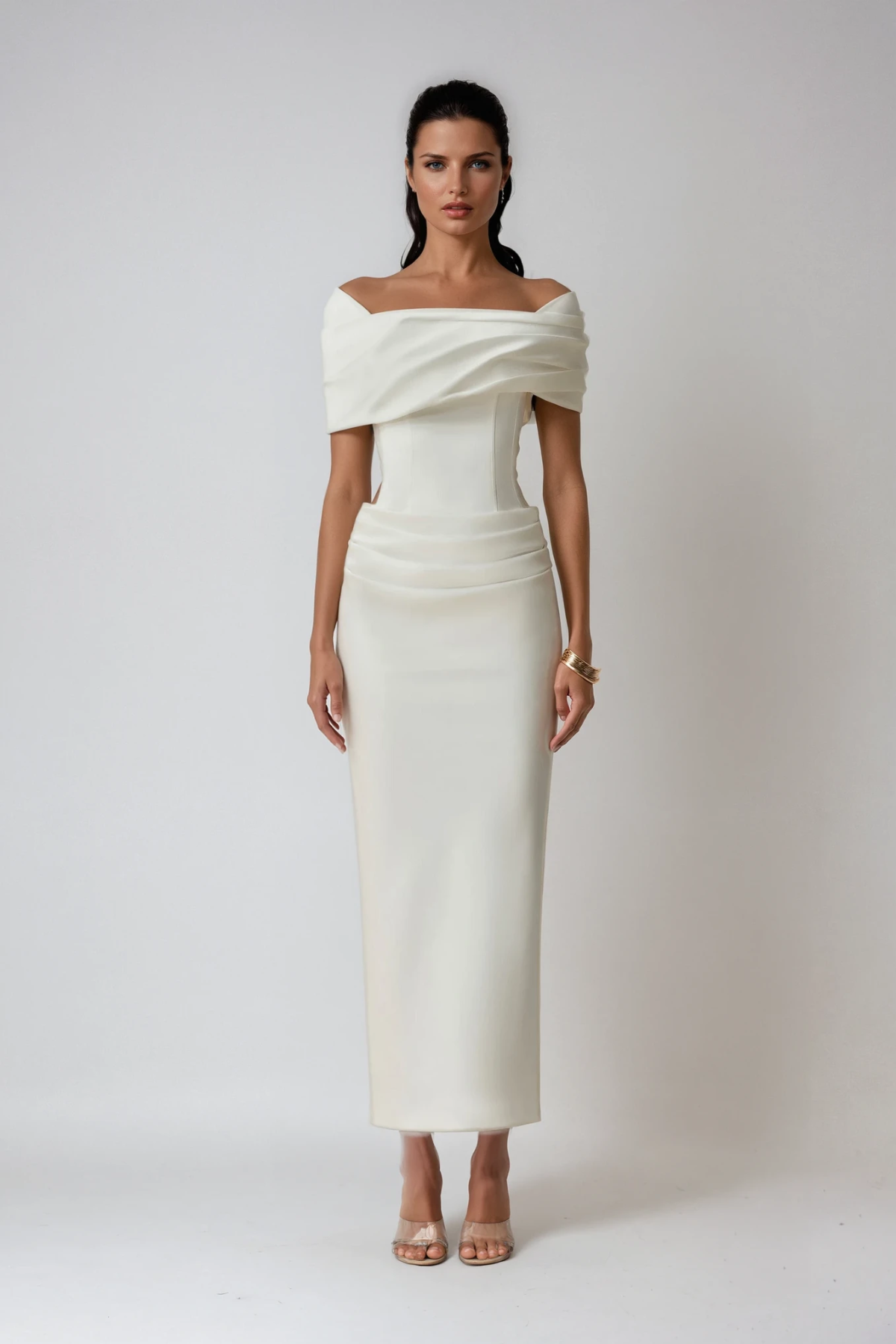 Thea | Robe de soirée longue froncée à épaules dénudées pour femme