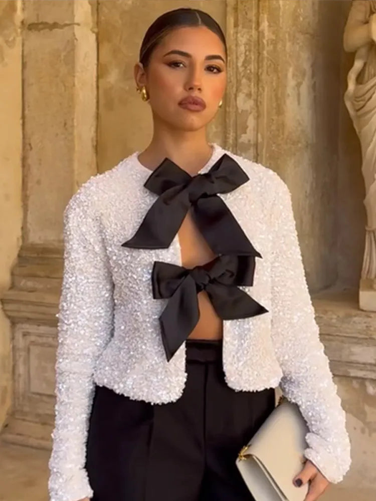 Bella | Women's Longsleeve Sequin Bow Party Top